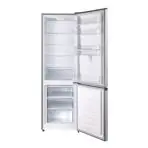 Tall stainless steel refrigerator door open to reveal empty shelves and door bins showing interior layout