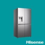 Stainless steel Hisense four door French door refrigerator with a water dispenser on the left door set against a teal background