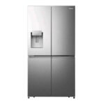Stainless steel side by side refrigerator with a waterice dispenser on the left door and a Hisense logo on the right door