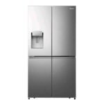 Stainless steel side by side refrigerator with a waterice dispenser on the left door and a Hisense logo on the right door