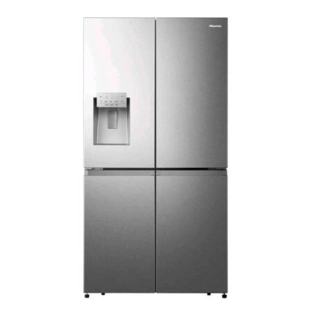 Stainless steel side by side refrigerator with a waterice dispenser on the left door and a Hisense logo on the right door