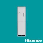 Tall silver Hisense appliance centered on a teal background with the Hisense logo shown in the bottom right corner