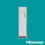 Tall silver Hisense appliance centered on a teal background with the Hisense logo shown in the bottom right corner