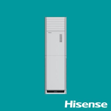 Tall silver Hisense appliance centered on a teal background with the Hisense logo shown in the bottom right corner