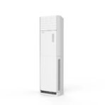 Tall white floor standing air conditioner with a vertical front vent and small control panel on the door area