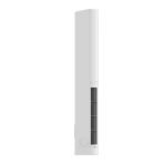Tall white floor standing tower air conditioner shown in side view with vertical intake vent on the right side and a circular control dial at the base