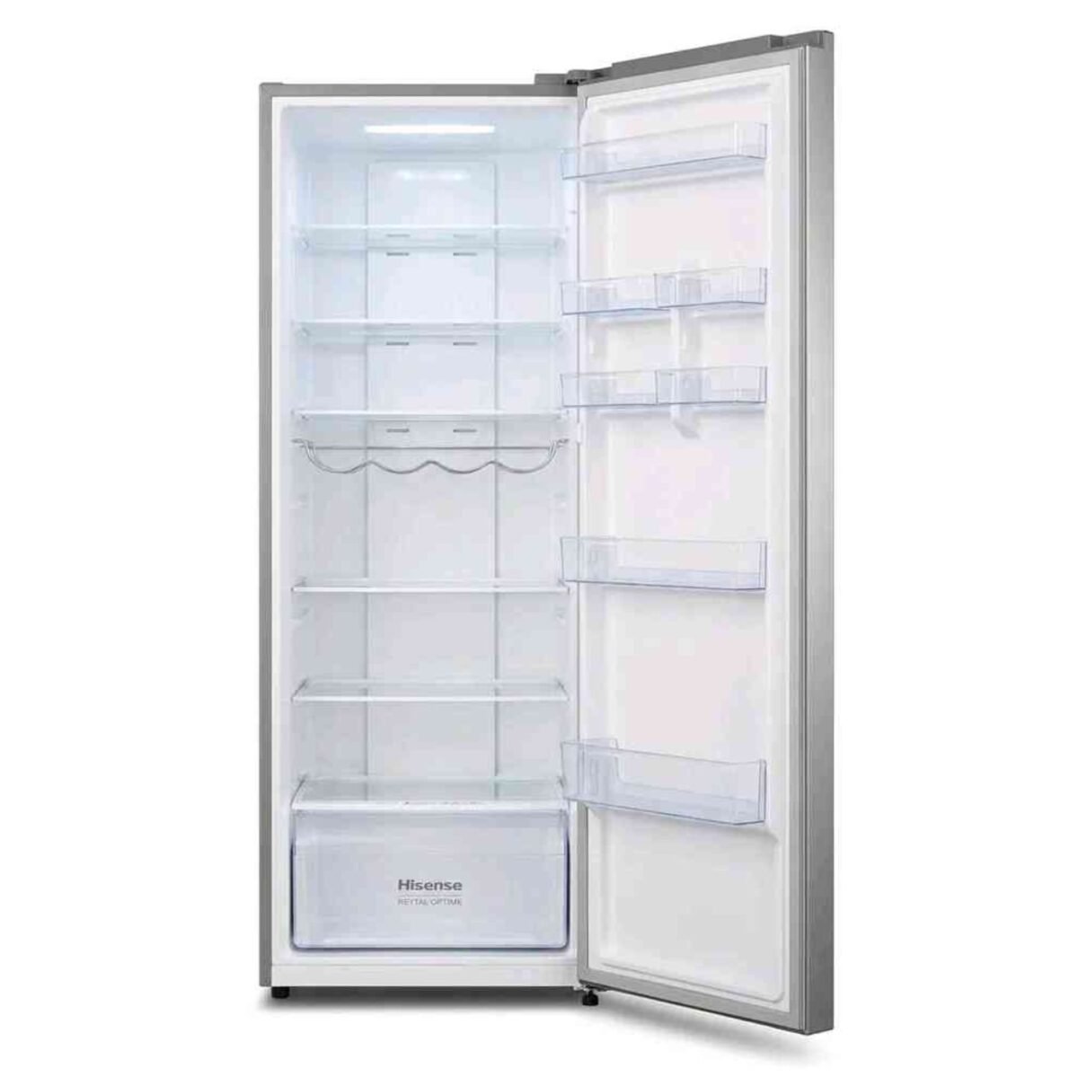 Open refrigerator showing empty shelves and transparent door bins brand Hisense visible on bottom drawer