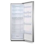 Open refrigerator showing empty shelves and transparent door bins brand Hisense visible on bottom drawer