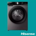 Front loading Hisense washing machine with a large circular door and digital control panel set against a teal background