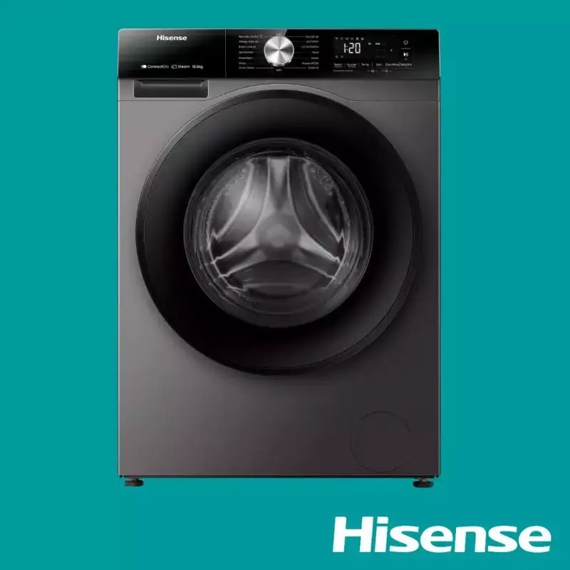 Front loading Hisense washing machine with a large circular door and digital control panel set against a teal background