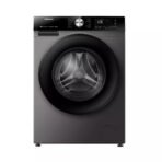 Front loading washing machine with a dark gray exterior and circular door digital control panel on top left side brand Hisense visible on panel