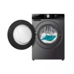 Front loading washing machine with door open showing clothes inside the drum