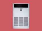 White industrial HVAC cabinet with a top black vent and large lower vent panels set against a pink background