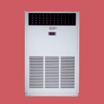 White industrial HVAC cabinet with a top black vent and large lower vent panels set against a pink background