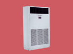White industrial HVAC unit standing upright with a black vent at the top and large vented panels at the bottom against a pink background