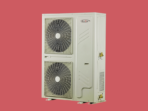 Outdoor air conditioner condenser with two large circular fans on a red background