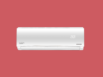 White wall mounted air conditioner with a digital display showing 26°C on a red background