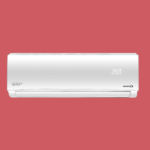 White wall mounted air conditioner with a digital display showing 26°C on a red background