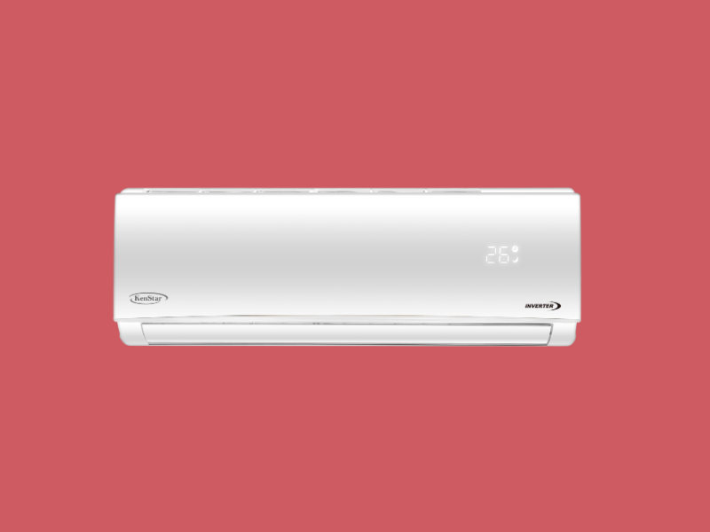 White wall mounted air conditioner with a digital display showing 26°C on a red background