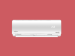 White wall mounted air conditioner unit with digital display reading 26°C against a red background