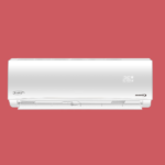 White wall mounted air conditioner unit with digital display reading 26°C against a red background