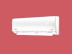 White wall mounted split air conditioner unit with a digital display on the front set against a red background