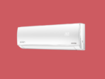 White wall mounted air conditioner unit with a digital temperature display on a red background