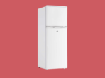 White vintage two door refrigerator with a top freezer on a solid red background