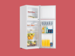 White open two door refrigerator stocked with fruits juices and dairy against a red background