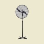 Standing pedestal fan with a large circular head on a black adjustable stand against a pale beige background