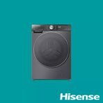 Front loading washing machine centered on teal background with Hisense branding in the bottom right corner