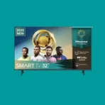 Teal background with a 32 inch Hisense Smart TV advertising banner showing football players and a 2025 new model label