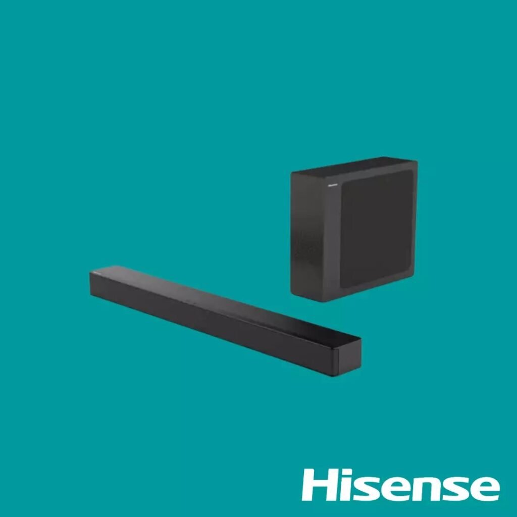 Hisense black soundbar with a tall wireless subwoofer on a teal background logo bottom right