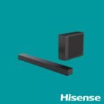 Hisense black soundbar with a tall wireless subwoofer on a teal background logo bottom right