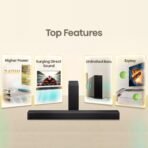 Banner reading Top Features with a row of feature cards and a soundbar underneath
