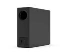 Back view of a black rectangular subwoofer showing a circular bass port and power input panel on the rear side