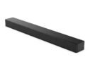 Long black soundbar speaker placed diagonally on a white background with a mesh end cap visible on the right