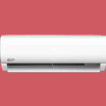 White wall mounted air conditioner unit KenStar with a digital display on a red background front panel closed vents at bottom