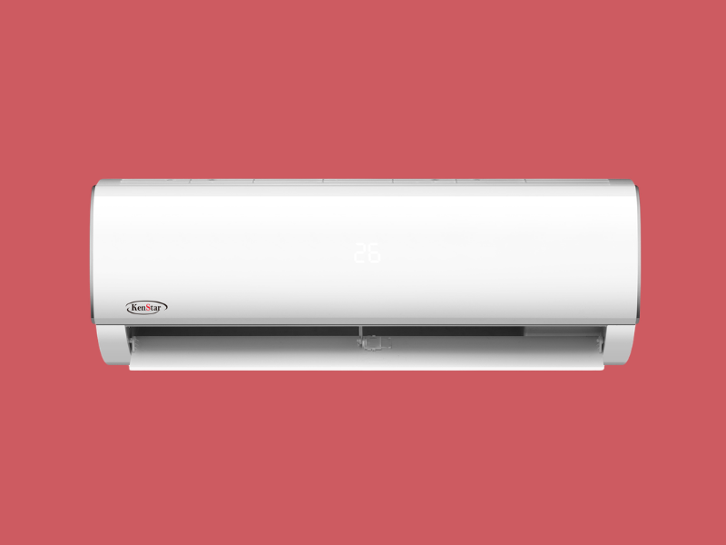 2024091011061913png | Mitos Shoppers White wall mounted air conditioner unit KenStar with a digital display on a red background front panel closed vents at bottom