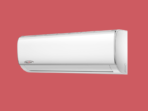 White wall mounted air conditioner unit with a curved front panel on a red background KenStar logo visible on the left side