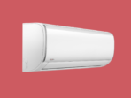 White wall mounted air conditioner indoor unit with a slim profile mounted against a red background