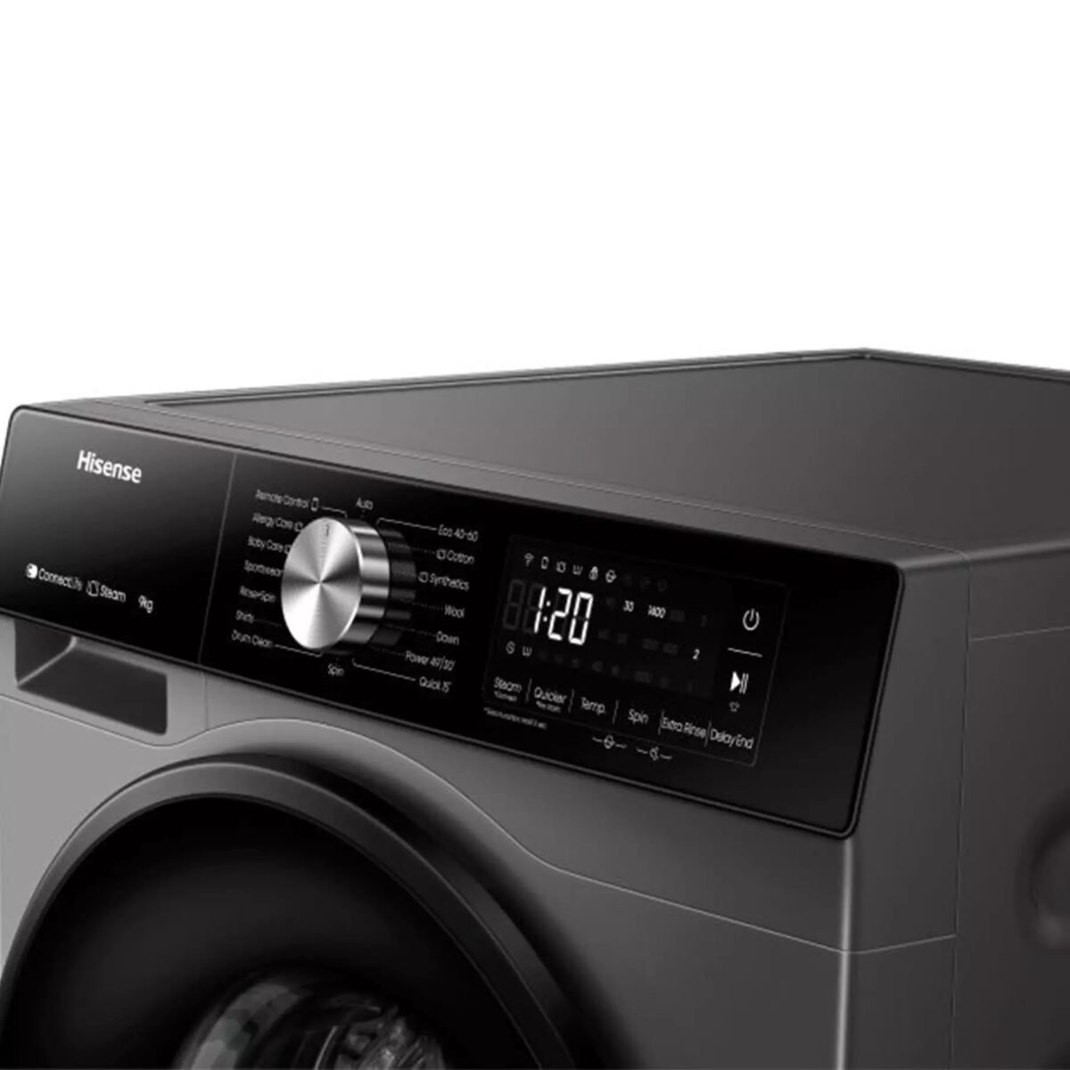 Close up of a front loading washing machine with a digital display showing 120 and a large metallic control knob