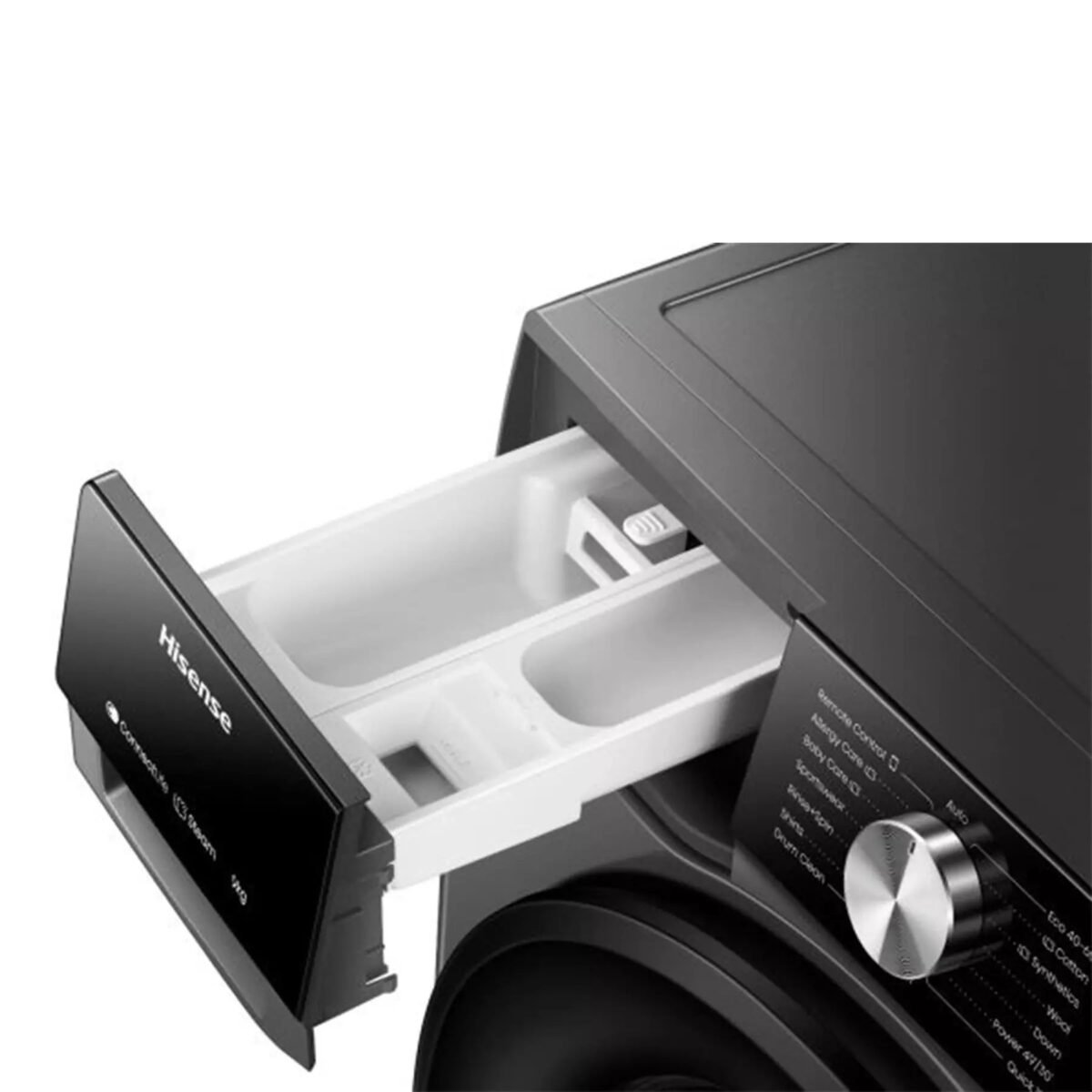 Open detergent and fabric softener drawer of a front loading washing machine instance showing internal compartments