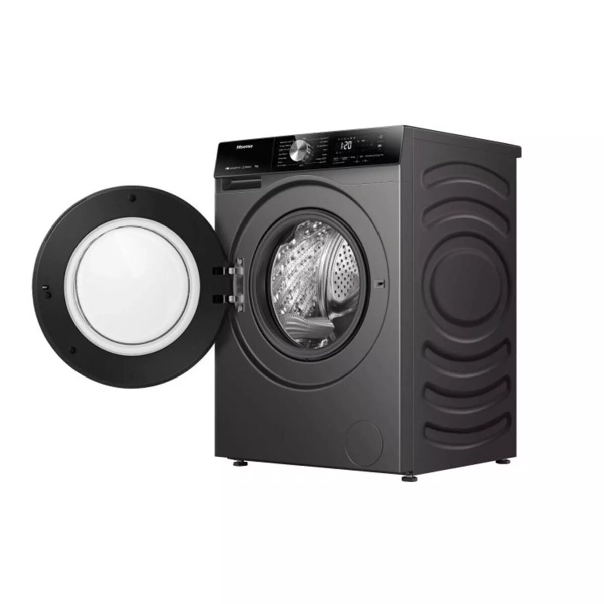 Front loading washing machine with its door open showing the circular drum