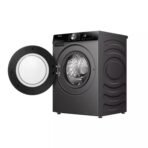 Front loading washing machine with its door open showing the circular drum