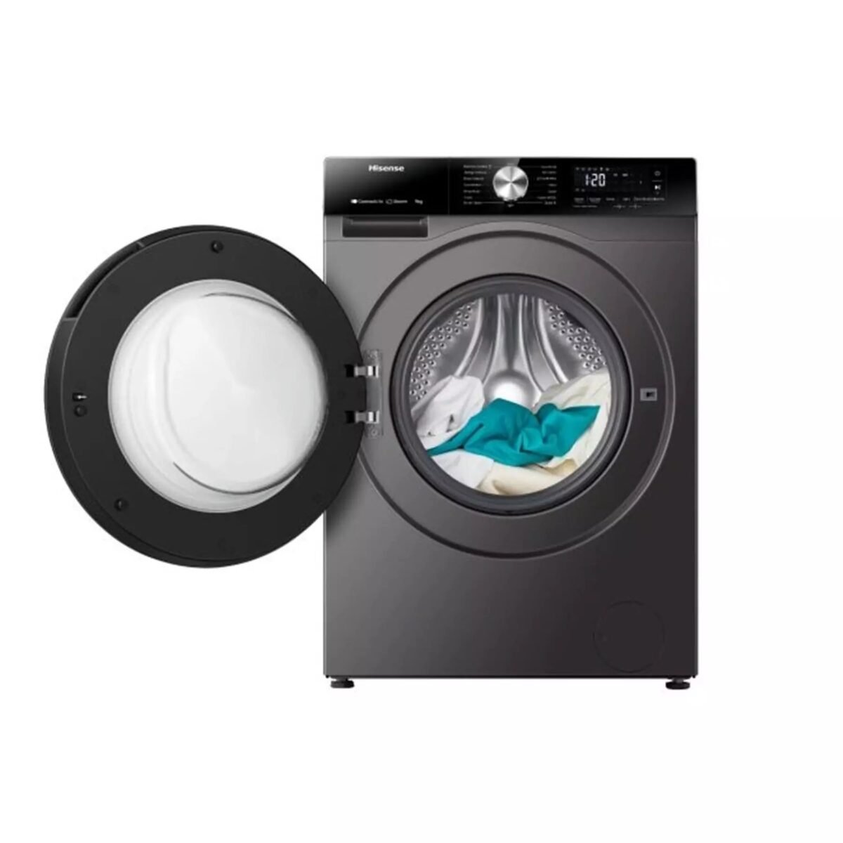 Front loading washing machine with its door open and clothes inside positioned beside a closed dryer door