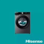 Front loading washing machine on a teal background with a large circular door and control panel on top brand Hisense