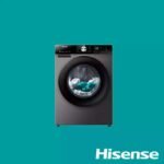 Front loading washing machine on a teal background with a large circular door and control panel on top brand Hisense
