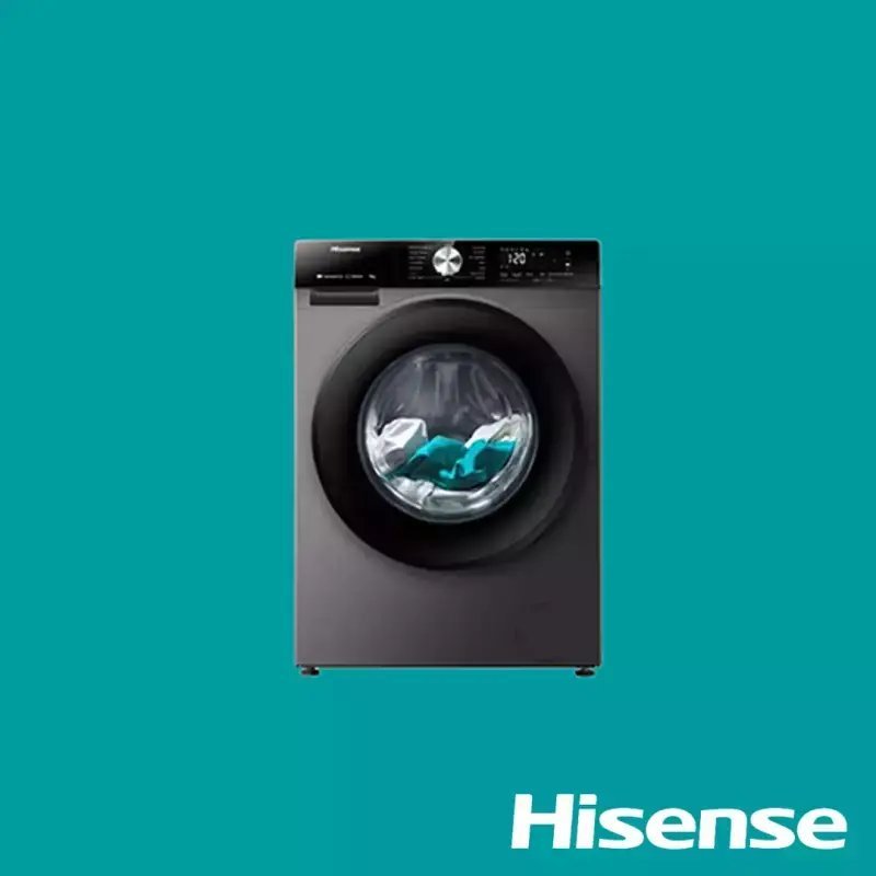 Front loading washing machine on a teal background with a large circular door and control panel on top brand Hisense