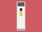 White floor standing air conditioner unit with vents at the top and a digital control panel on a yellow insert set against a red background